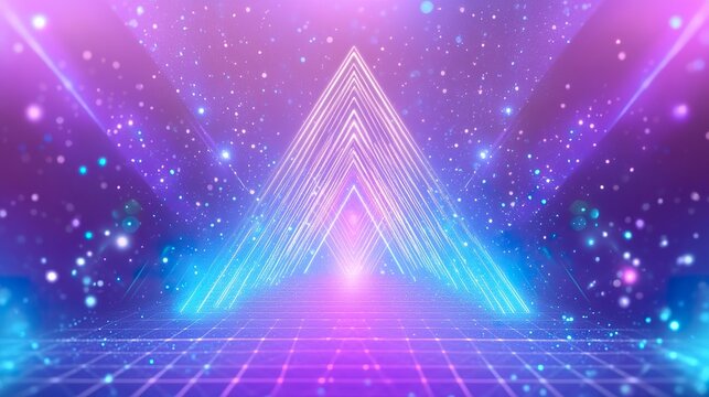Futuristic neon triangle with cosmic lights and glowing particles