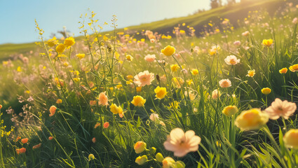 Blooming Meadow under Sunlight: A vibrant field of colorful flowers blossoms in the warm embrace of sunlight, creating a picturesque and cheerful landscape, full of color and life.