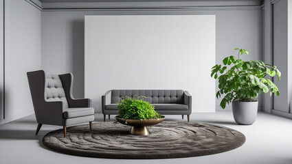 Modern Living Room: A contemporary living room, featuring a comfortable sofa, elegant armchair, and a stylish round rug, with a large blank canvas.