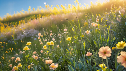 Golden Meadow Vista: Capture the vibrant beauty of a sun-kissed meadow, where a tapestry of wildflowers and verdant grasses sway gently under a bright blue sky, showcasing the radiant glow of nature.
