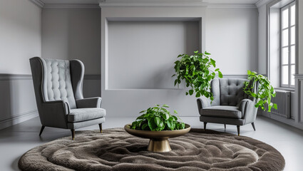 Elegant Living Room: A refined living space showcases two plush armchairs, a circular rug, and verdant plant life, all bathed in the gentle embrace of natural light from a nearby window.