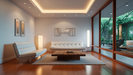 Serene Living Room:  An inviting modern living room, bathed in soft, ambient lighting, with a minimalist design, a large window offering views of a serene outdoor landscape.