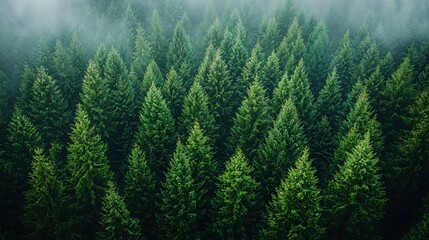 Fototapeta premium A dense forest from above with misty air overhead showing green conifers in rows