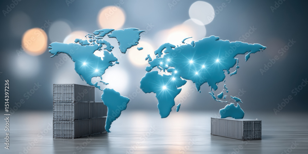 Poster global supply chain concept with world map and cargo container for logistics and transportation netw