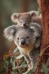 Obraz premium Mother Koala and Joey on Eucalyptus Tree