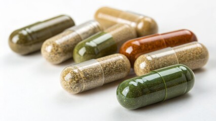 Assorted herbal supplement capsules filled with natural powders and granules on a white background.