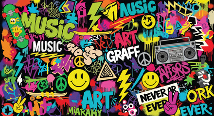 Vibrant skateboard culture vector illustration: skateboards, shoes, graffiti, and playful elements. Perfect for backgrounds, posters