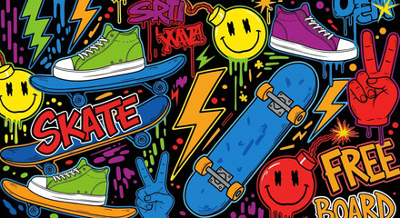 Vibrant skateboard culture vector illustration: skateboards, shoes, graffiti, and playful elements. Perfect for backgrounds, posters © meeblues