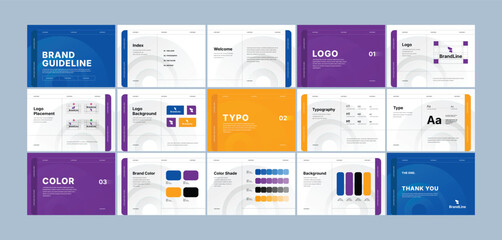 Brand identity design template. Creative brand guidelines layout. Logo and brand strategy guide. Brand manual presentation. Brand strategy design. Logo guideline book.	