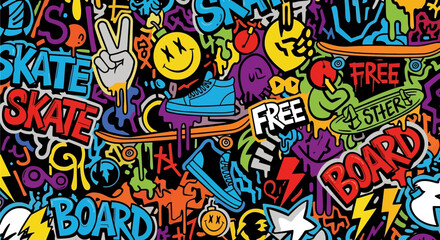 Vibrant skateboard culture vector illustration: skateboards, shoes, graffiti, and playful elements. Perfect for backgrounds, posters