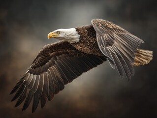 Obraz premium Majestic Bald Eagle in Flight Against Dark Background