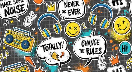 Vibrant skateboard culture vector illustration: skateboards, shoes, graffiti, and playful elements. Perfect for backgrounds, posters