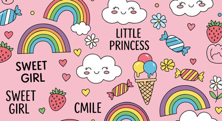 Adobe Illustrator Artwork Adorable pink kawaii seamless pattern featuring rainbows, clouds, ice cream, candies, and strawberries, perfect for sweet girl designs and backgrounds