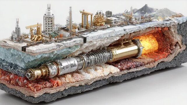 Cross Section of Oil Extraction Site with Drilling and Production Platform, and Geology layers