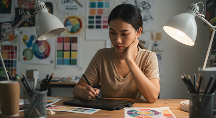 An Asian woman diligently working on a graphic tablet at a desk, with various design elements surrounding her