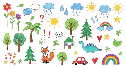 Charming hand-drawn children's doodle set: cute animals (fox, dinosaurs), nature (trees, flowers, sun, clouds), house, car, and playful elements. Ideal for kid-friendly designs