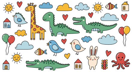 Adorable hand-drawn doodle set of playful animals: giraffes, dinosaurs, alligators, rabbits, birds, and an octopus, along with suns, clouds, houses. Ideal for kids' designs