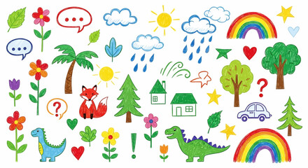 Charming hand-drawn children's doodle set: cute animals (fox, dinosaurs), nature (trees, flowers, sun, clouds), house, car, and playful elements. Ideal for kid-friendly designs