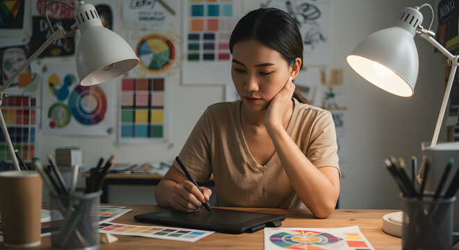 An Asian woman diligently working on a graphic tablet at a desk, with various design elements surrounding her