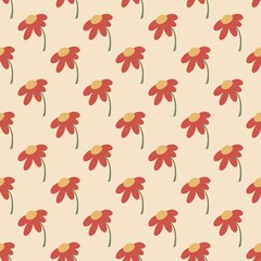 Seamless Red Daisy Floral Pattern on Beige Background – Minimalist Flower Design