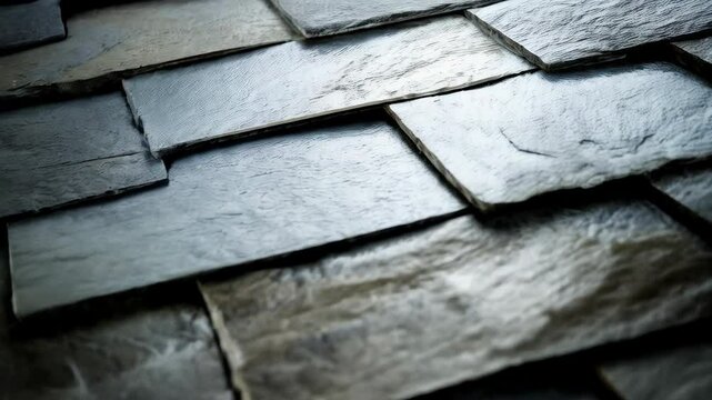 Close up view of stacked grey slate roof tiles creating a textured surface pattern in the sunlight