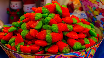 Colorful Jelly Candies in a Bowl Featuring Strawberry Shapes