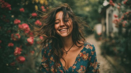 Happy Woman in Floral Dress Outdoors