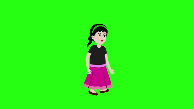 Girl cartoon character walking 2d animation video and green screen background