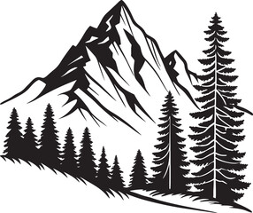 Obraz premium mountain silhouette, pine tree forest minimalist design, graphic art, vector graphics