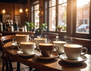 Warm coffee cups on a table in a sunny cafe