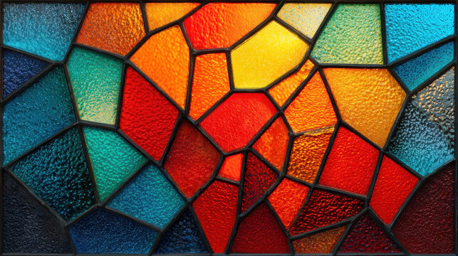 Colorful stained glass mosaic with geometric pattern and textured glass creating vibrant abstract art design for decoration or artistic projects