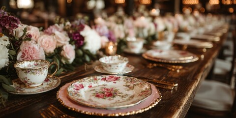 Fototapeta premium Romantic Vintage Table Setting with Floral Centerpiece