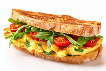 Delicious sandwich with toasted bread, omelet, arugula and cherry tomatoes filling isolated on white background