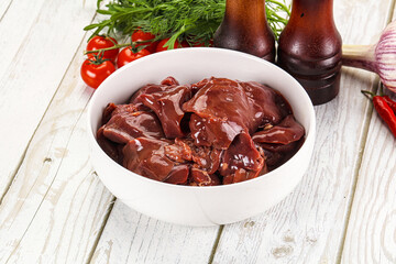 Raw chicken liver uncooked in the bowl