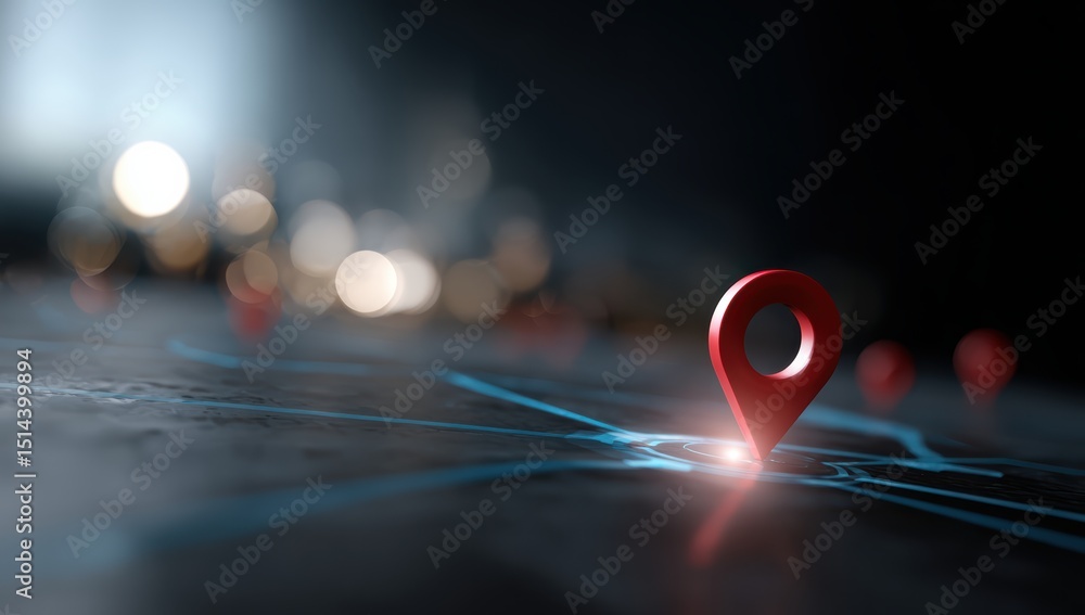 Poster detailed illustration of red location pin on dark map, highlighting its significance in navigation a