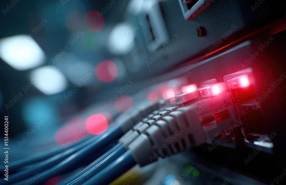 Poster glowing fiber optic cables connected to network switches in data center create vibrant and dynamic a