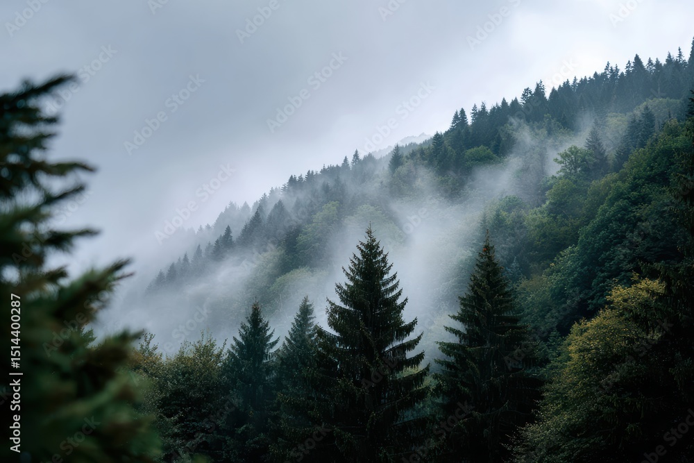Poster misty forest landscape with pine trees and fog creating serene atmosphere. lush greenery and soft mi