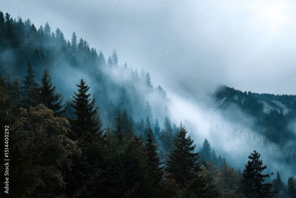 Poster misty forest landscape with pine trees and fog creating serene atmosphere. dense trees and low hangi