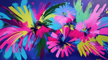 Fototapeta premium Vibrant, abstract floral painting with bold colors and dynamic brushstrokes on a dark blue background