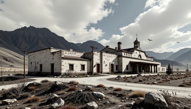 an avant garde artwork of barracks, positioned right, ,no text, no logo, matte black background