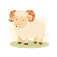 Cartoon sheep with curly horns stands on grass, sheep brings softness to farm scenes, sheep perfect for rural and educational projects, children's books and visuals.
