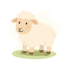 Cartoon lamb with fluffy wool stands on grass, lamb adds softness to farm visuals, lamb perfect for kids books and educational content, fits spring and animal themes.