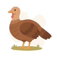 Cartoon turkey stands calmly on green grass, turkey adds warmth to Thanksgiving visuals, ideal for fall harvest scenes, turkey perfect for kids books and rural themes.