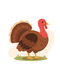 Cartoon turkey with colorful tail stands on grass, turkey brings festive touch to fall visuals, turkey ideal for Thanksgiving content, farm themes, and children s illustrations.