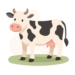 Cartoon dairy cow with black spots stands on green grass, cow adds charm to farm visuals, cow perfect for milk-related content, rural life, and educational illustrations.