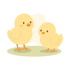 Two cartoon chicks stand on green grass, chicks add cuteness to farm scenes, chicks perfect for spring visuals, children s books, and educational animal-themed content.