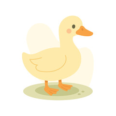 Cute yellow duck stands on grass patch, duck brings charm to farm visuals, duck adds playfulness to rural scenes, perfect for children's content or countryside themes.
