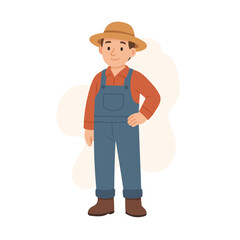 Smiling farmer in hat and overalls stands proudly in clean outfit, farmer represents agricultural tradition, farmer brings charm to rural lifestyle, farmer character perfect for farming themes.