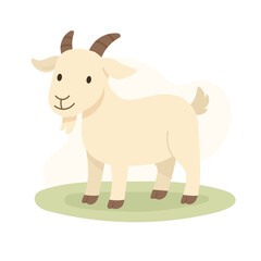 Cute cartoon goat stands on grass, goat adds fun touch to farm scenes, goat ideal for educational content, fits kids books and animal-themed illustrations.
