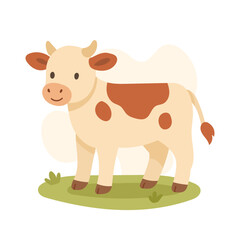 Cartoon cow stands on green grass with brown spots, cow adds charm to farm visuals, cow ideal for kids books and rural projects, enhances educational animal themes.
